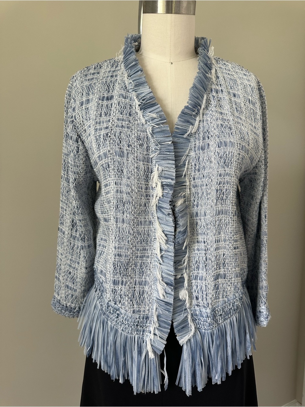 White House Black Market Light Blue Fringed Tweed Jacket